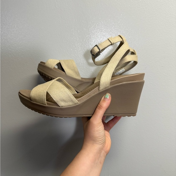 Crocs Taupe Color Ankle Strap Wedge Sandal - Size 9 - Picture 1 of 7